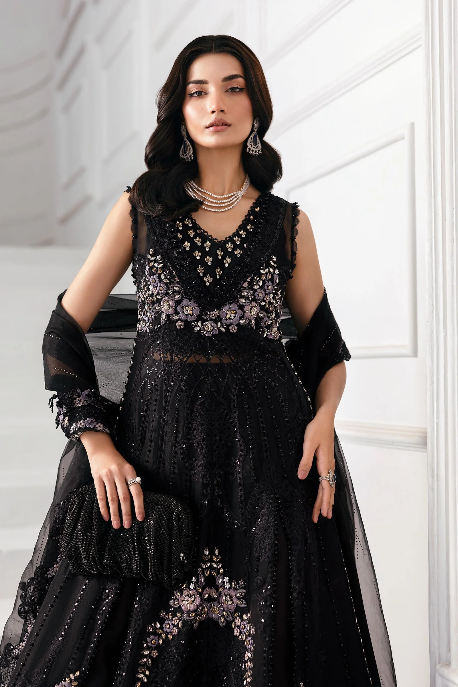 3 Piece Unstitched Embroidered Organza MC BLACK pakistani fashion…